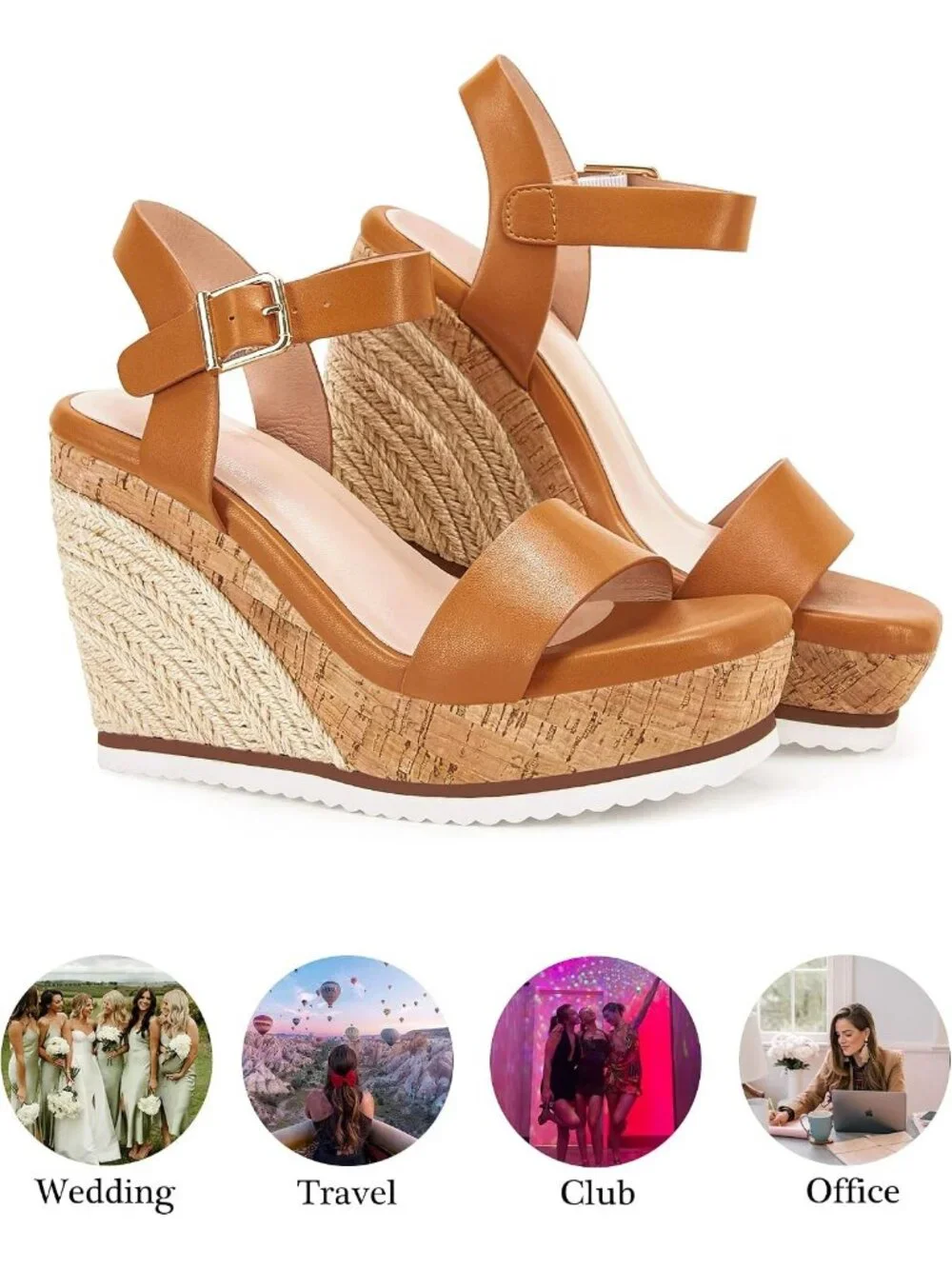 Women's Brown Espadrille Wedge Platform Sandal Open Toe Ankle Buckle Strap Shoes